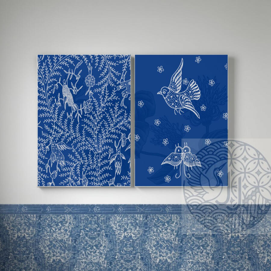 Chinoiserie Blue Hummingbird Textile Print Chinoiserie Blue Hummingbird Textile Print
